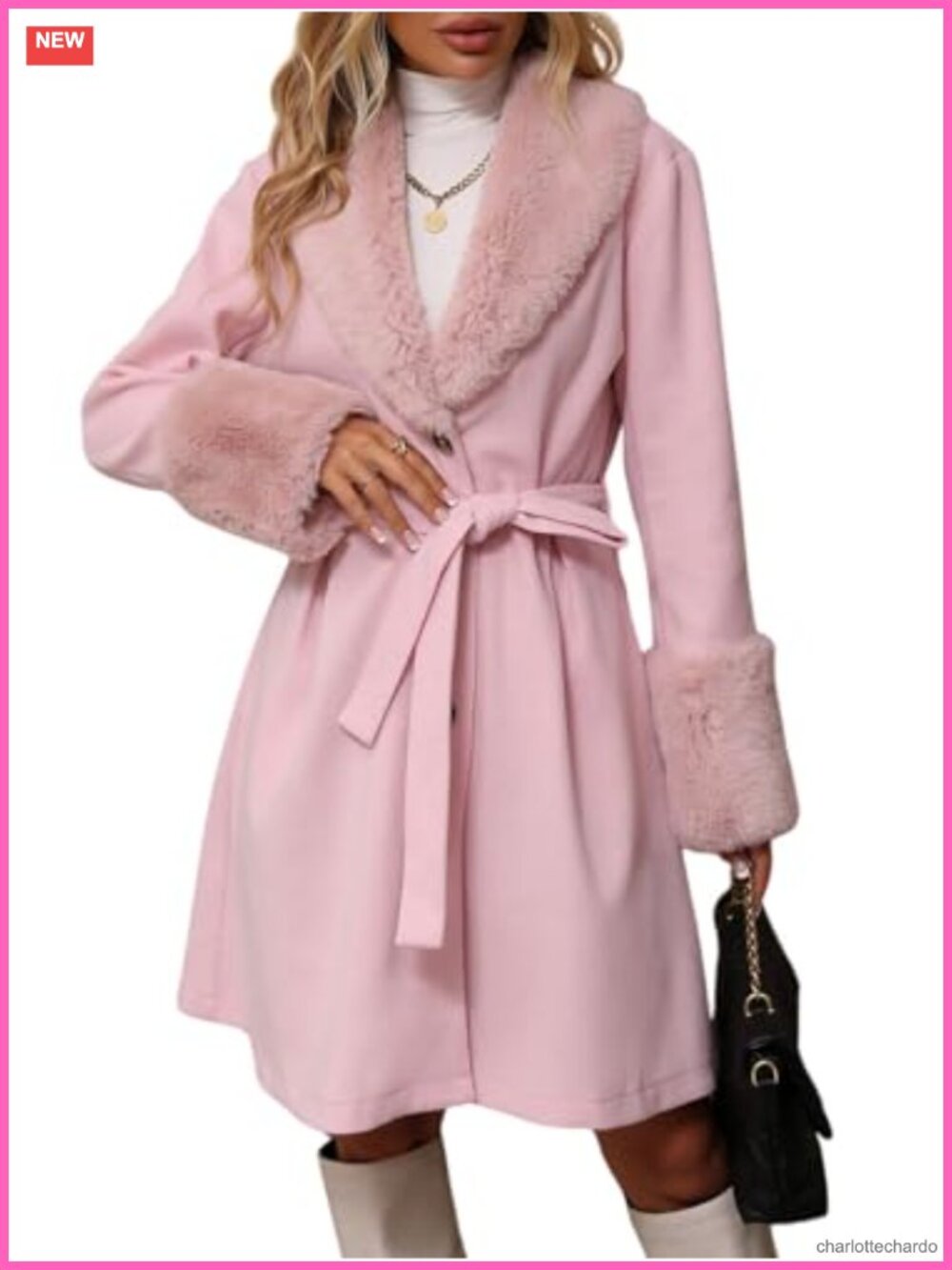Womens Wool Blend Pea Coat Faux Fur Lapel Collar Single Breasted Belted Trench